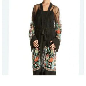 Long Sheer cover up, embroidered flowers sz l